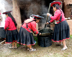 Removing the medium olive-dyed yarn from the pot