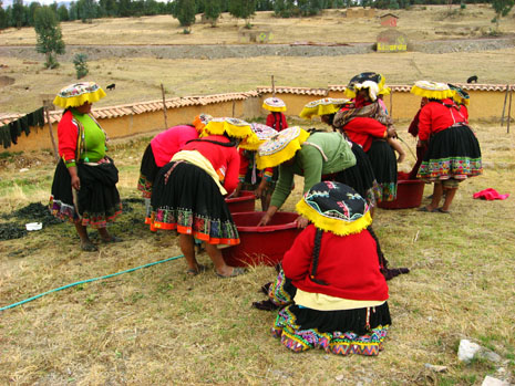 Weavers in Sallac rinsing out their yarn