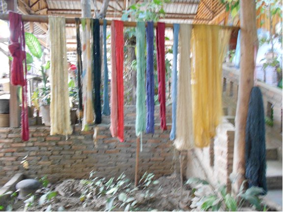 Dyed silk yarn hanging to
            dry